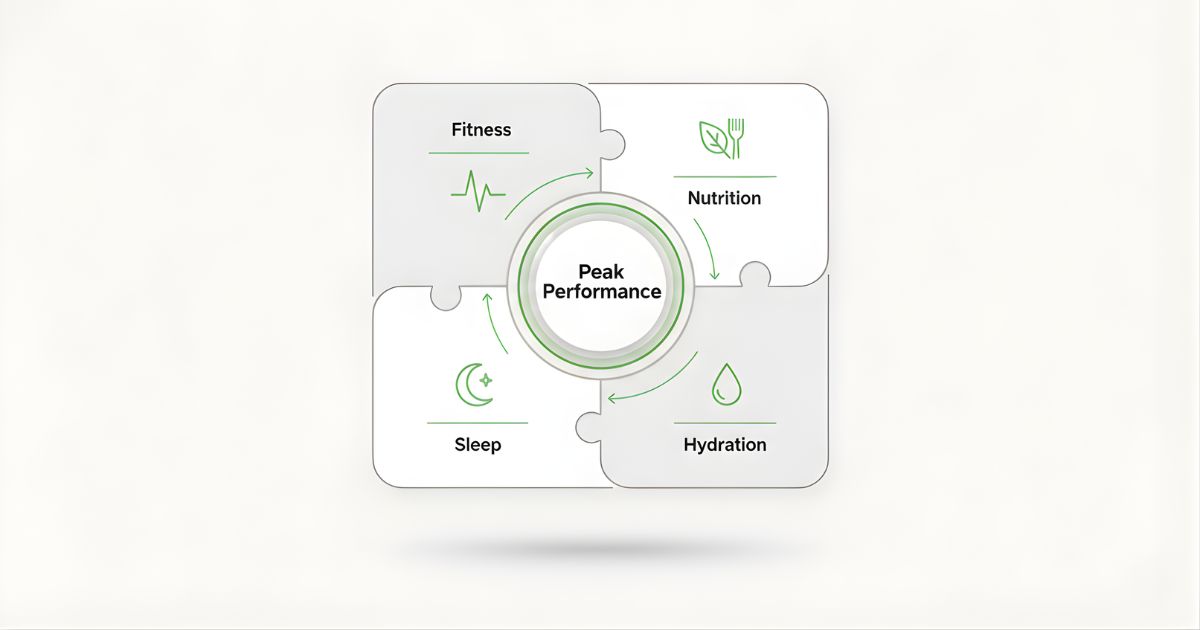 Fitness, nutrition, sleep, and hydration as four interconnected habits forming the foundation of peak performance