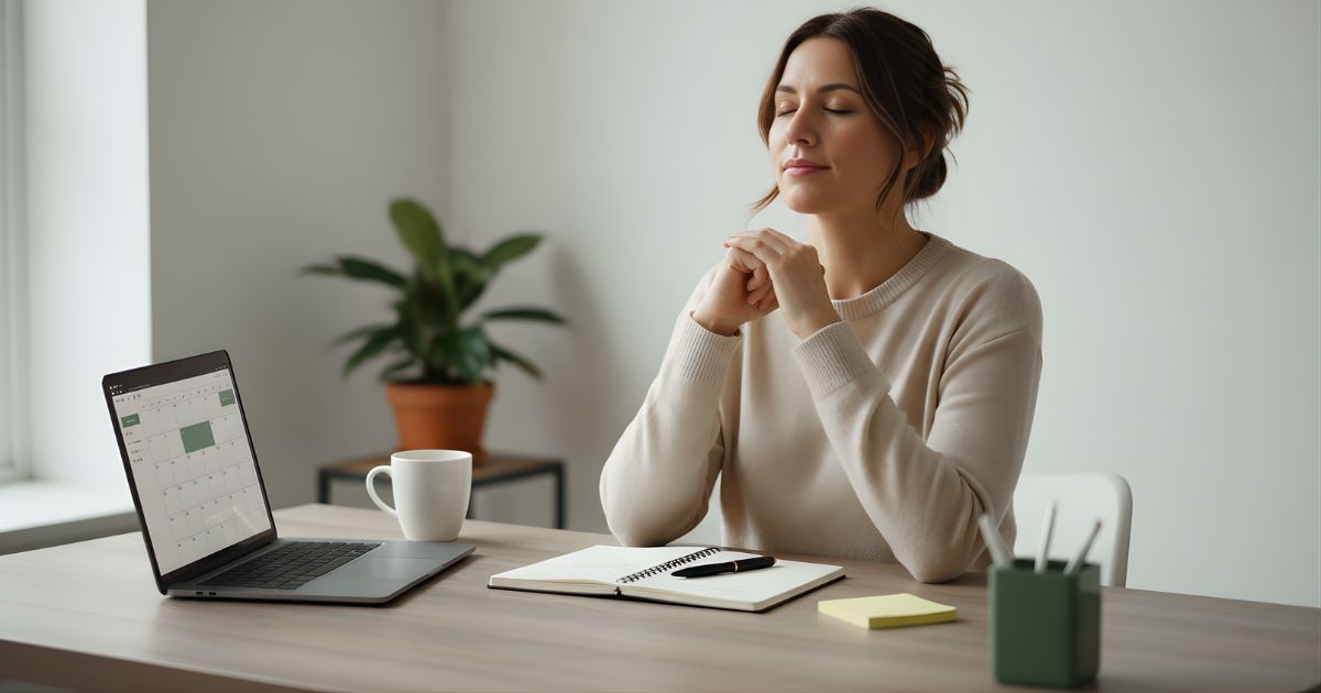 Professional practicing mindful breathing at desk –  meditation and mindfulness build real mental toughness