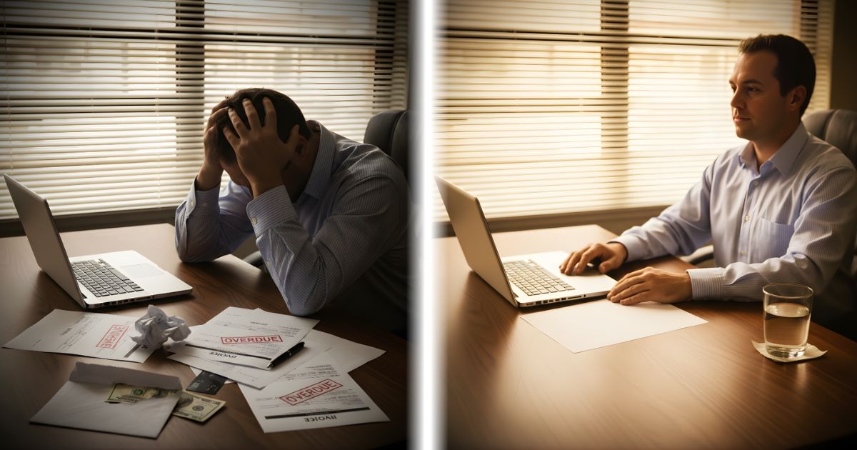 Split image showing a man overwhelmed by overdue invoices on the left, and the same man calm and focused at his desk on the right — representing the transformation from financial chaos to financial cl