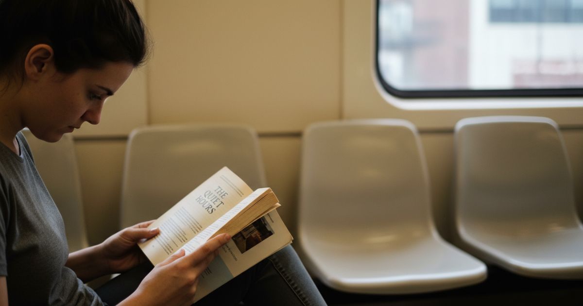Woman reading a paperback book on a commuter train, absorbed in reading while empty seats surround her