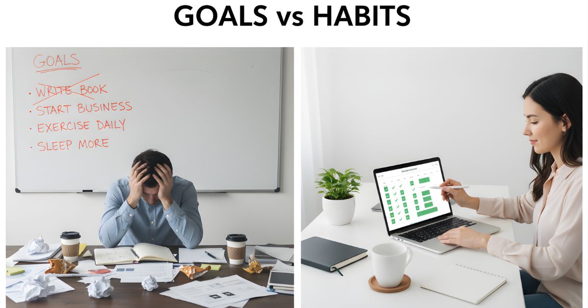 Goals vs Habits comparison showing why consistent habits lead to lasting success